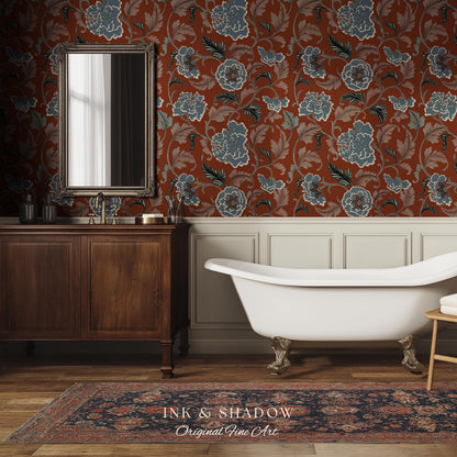 Intricate Florals Rustic Wallpaper | Peel & Stick Chinoiserie Wall Decor Renter Friendly Elegant Maximalist Chateau Rust Orange Blue Flowers