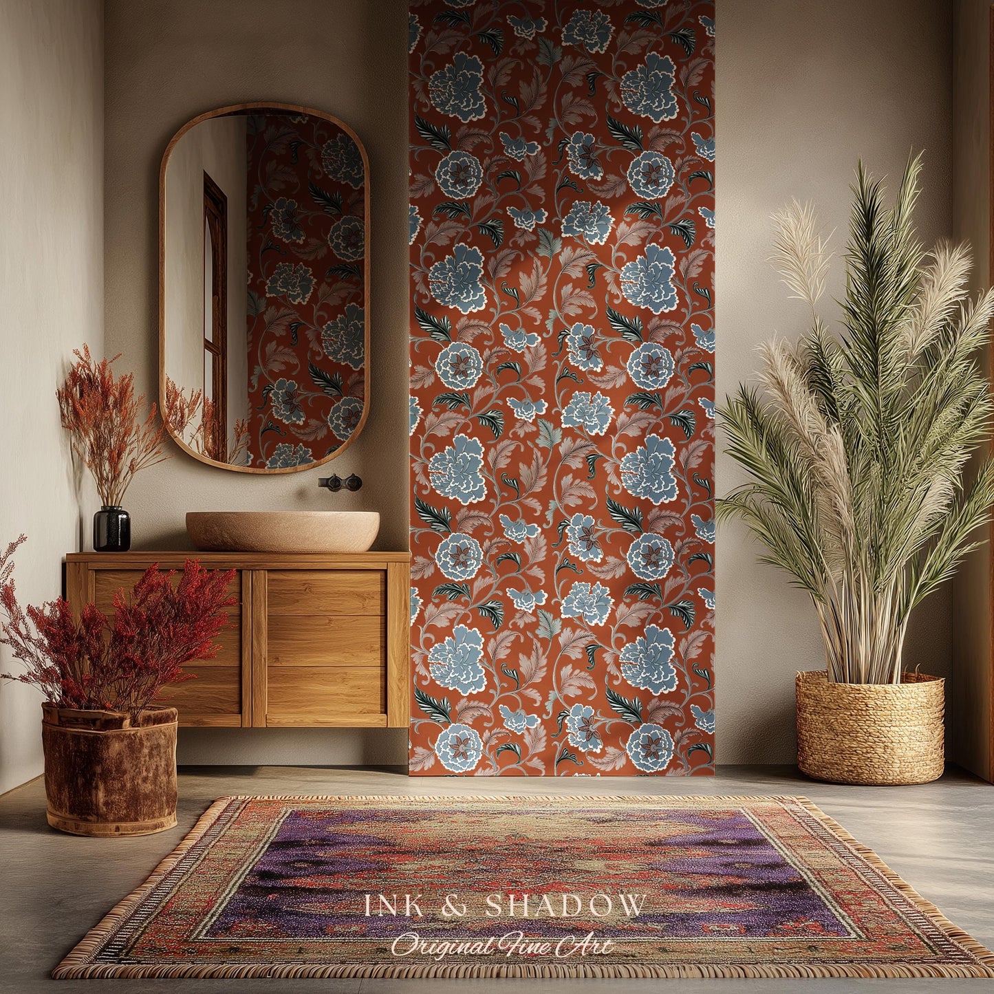 Intricate Florals Rustic Wallpaper | Peel & Stick Chinoiserie Wall Decor Renter Friendly Elegant Maximalist Chateau Rust Orange Blue Flowers