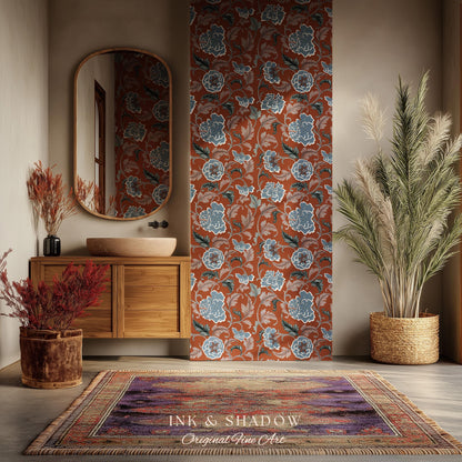 Intricate Florals Rustic Wallpaper | Peel & Stick Chinoiserie Wall Decor Renter Friendly Elegant Maximalist Chateau Rust Orange Blue Flowers