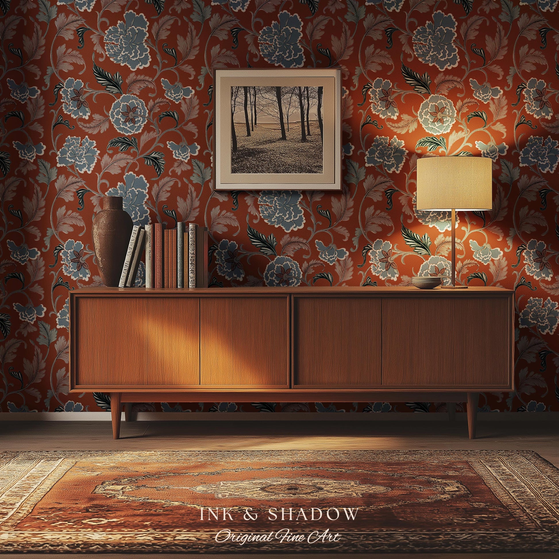 Intricate Florals Rustic Wallpaper | Peel & Stick Chinoiserie Wall Decor Renter Friendly Elegant Maximalist Chateau Rust Orange Blue Flowers