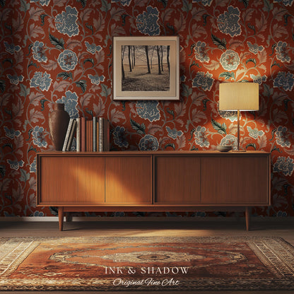 Intricate Florals Rustic Wallpaper | Peel & Stick Chinoiserie Wall Decor Renter Friendly Elegant Maximalist Chateau Rust Orange Blue Flowers