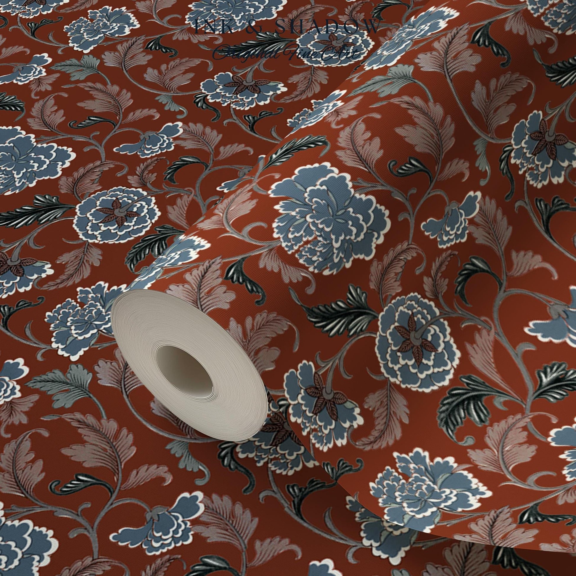 Intricate Florals Rustic Wallpaper | Peel & Stick Chinoiserie Wall Decor Renter Friendly Elegant Maximalist Chateau Rust Orange Blue Flowers