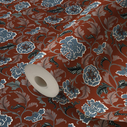 Intricate Florals Rustic Wallpaper | Peel & Stick Chinoiserie Wall Decor Renter Friendly Elegant Maximalist Chateau Rust Orange Blue Flowers