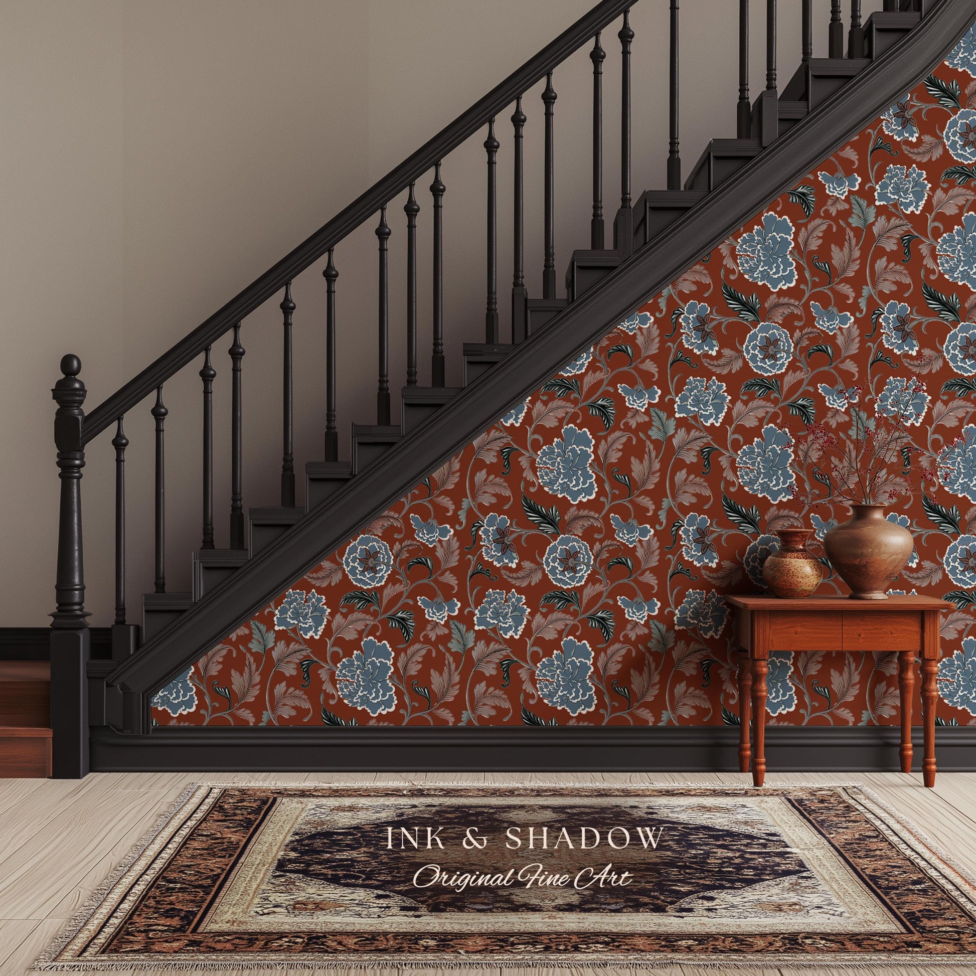Intricate Florals Rustic Wallpaper | Peel & Stick Chinoiserie Wall Decor Renter Friendly Elegant Maximalist Chateau Rust Orange Blue Flowers