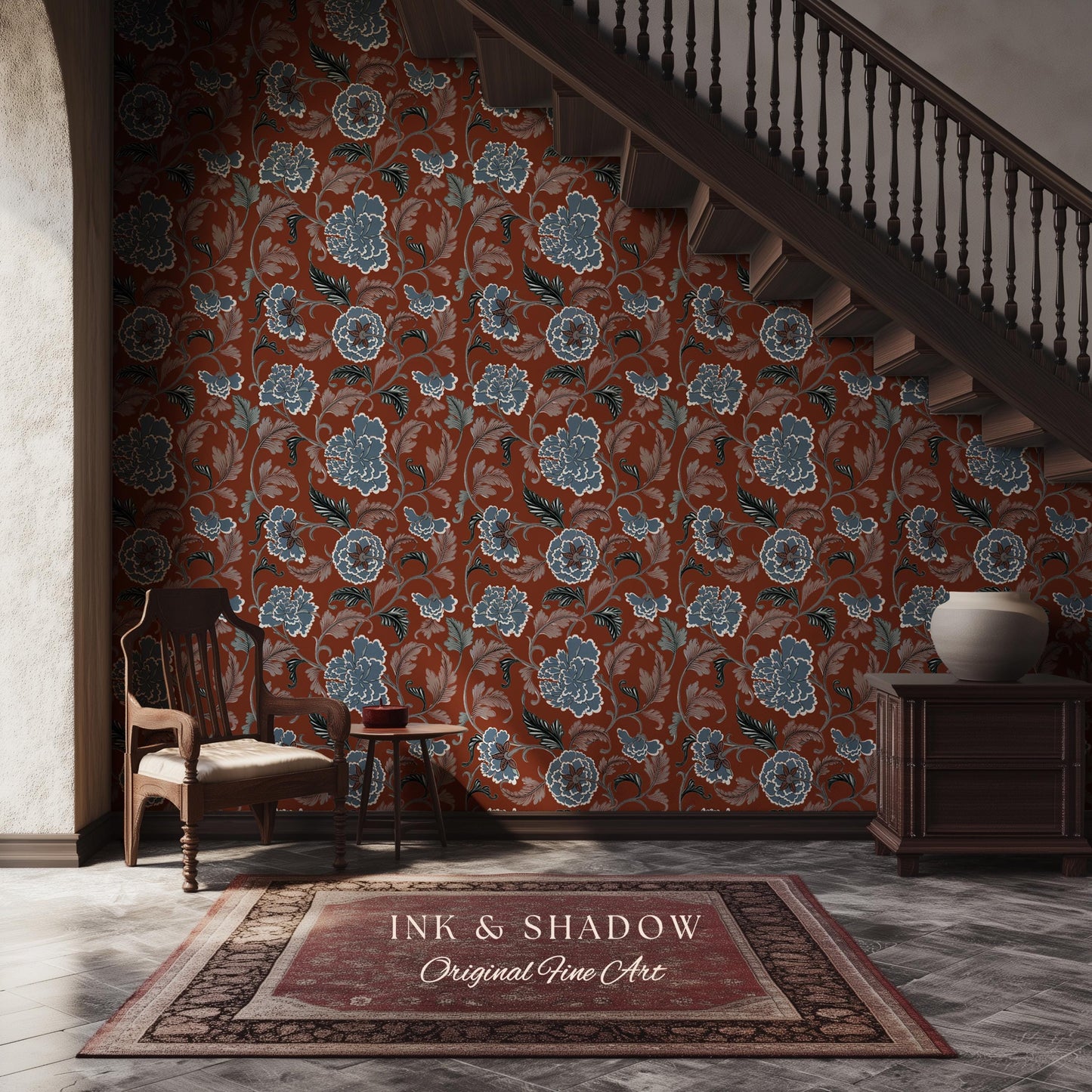 Intricate Florals Rustic Wallpaper | Peel & Stick Chinoiserie Wall Decor Renter Friendly Elegant Maximalist Chateau Rust Orange Blue Flowers