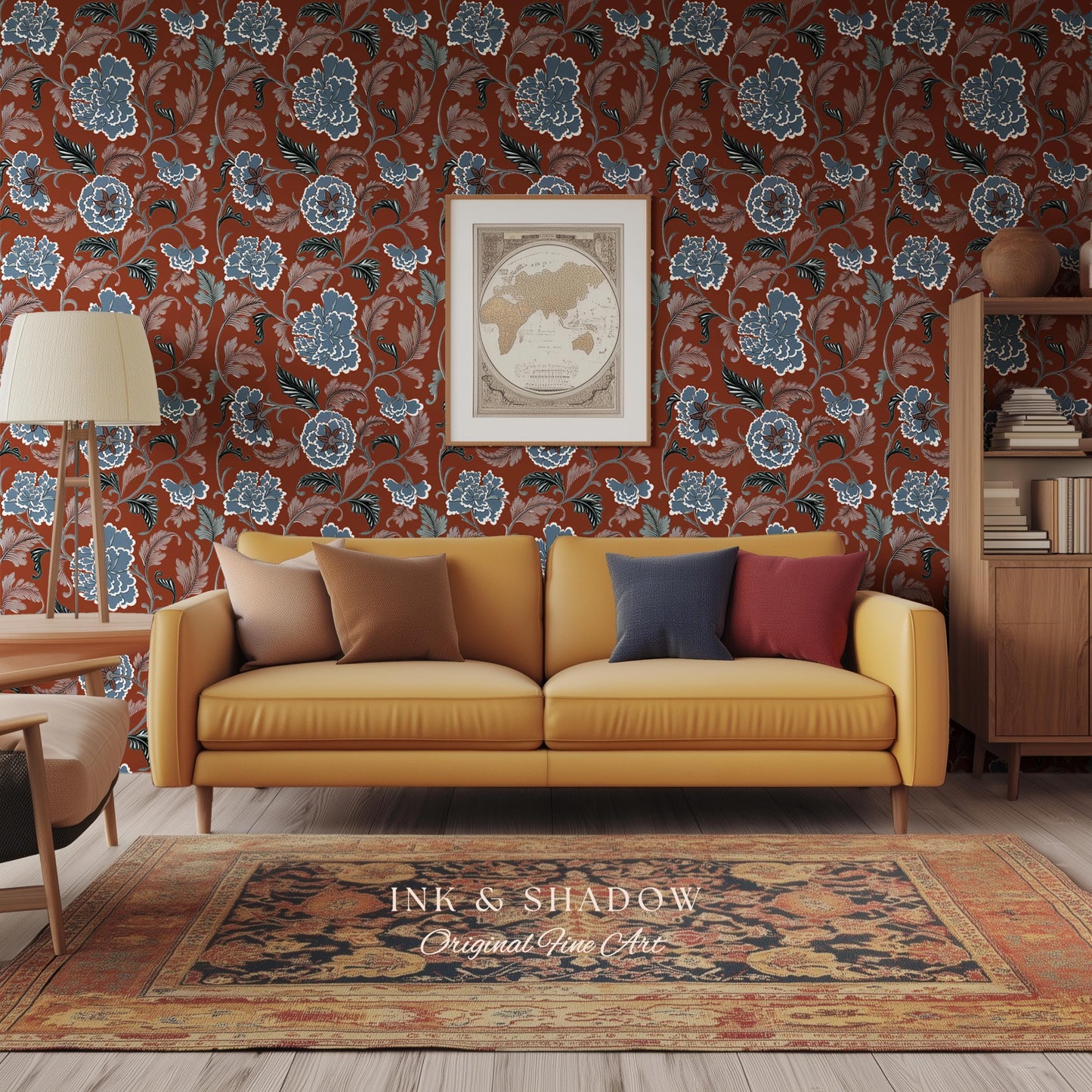 Intricate Florals Rustic Wallpaper | Peel & Stick Chinoiserie Wall Decor Renter Friendly Elegant Maximalist Chateau Rust Orange Blue Flowers