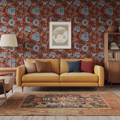 Intricate Florals Rustic Wallpaper | Peel & Stick Chinoiserie Wall Decor Renter Friendly Elegant Maximalist Chateau Rust Orange Blue Flowers