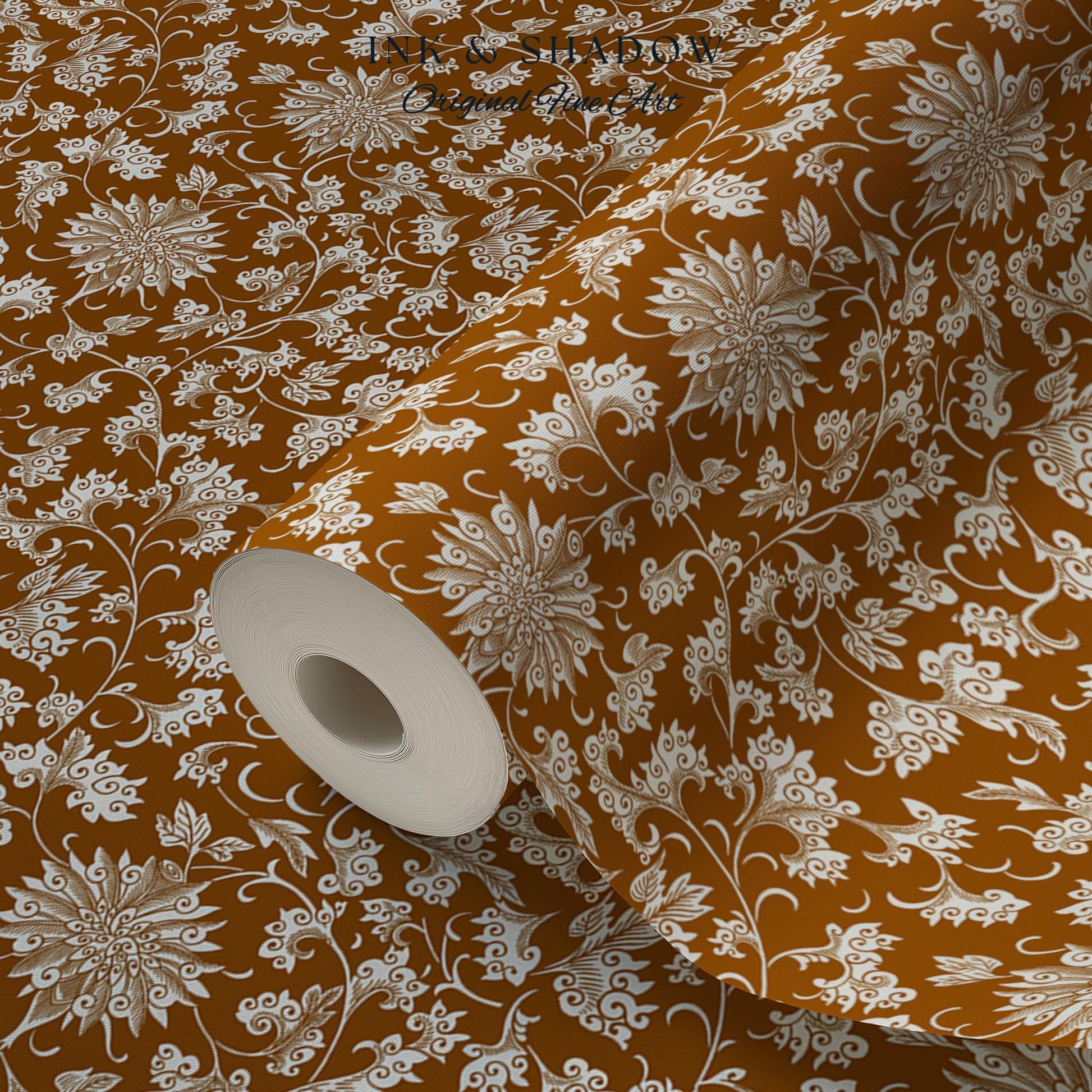 Floral Ochre European Inspired Wallpaper | Refined Old World Elegance Mustard Yellow Peel and Stick Home Decor French Chateau Aesthetic