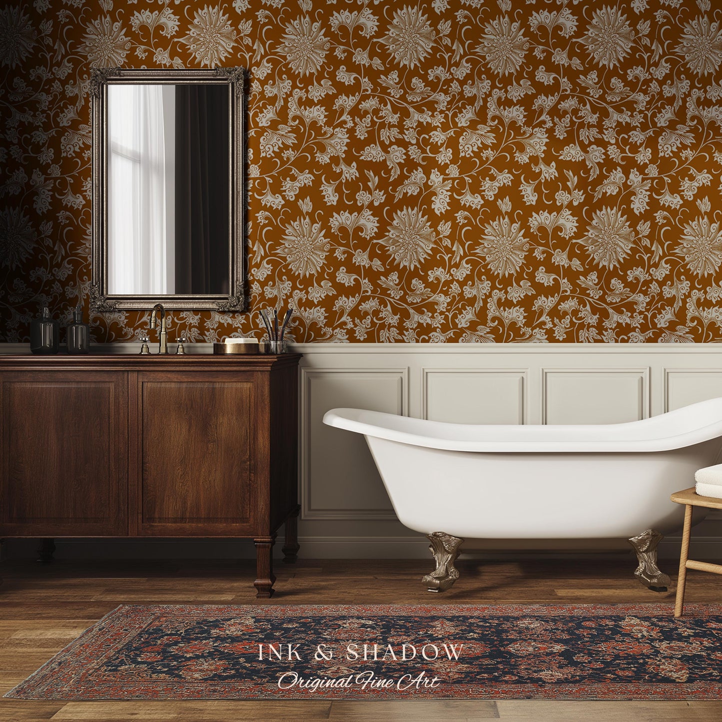 Floral Ochre European Inspired Wallpaper | Refined Old World Elegance Mustard Yellow Peel and Stick Home Decor French Chateau Aesthetic