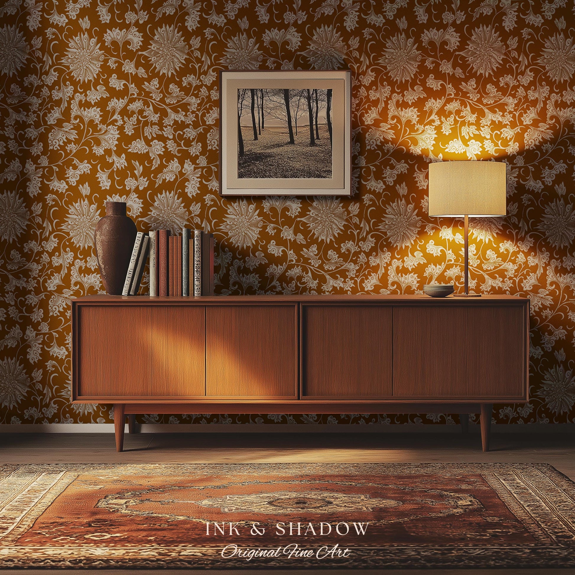 Floral Ochre European Inspired Wallpaper | Refined Old World Elegance Mustard Yellow Peel and Stick Home Decor French Chateau Aesthetic