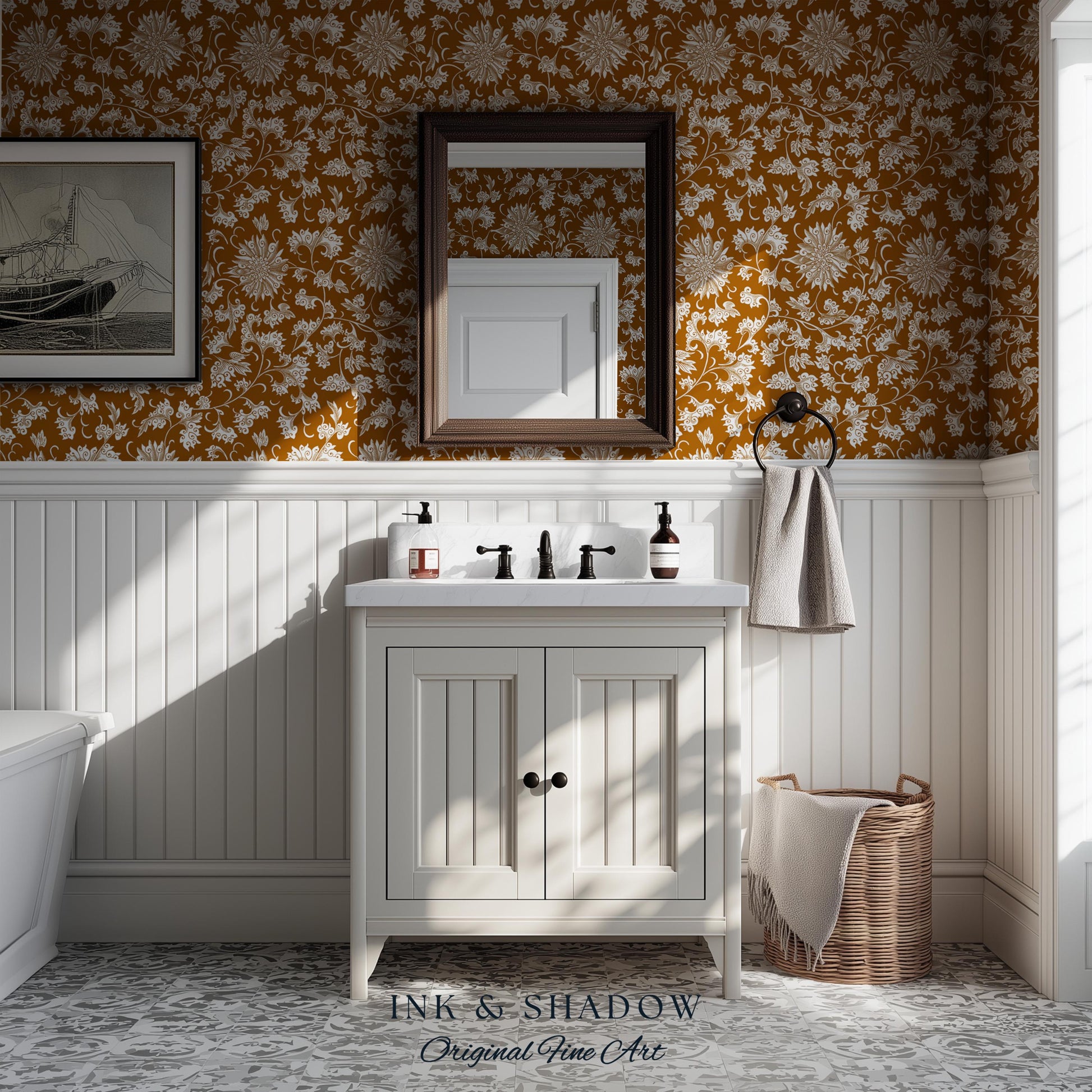 Floral Ochre European Inspired Wallpaper | Refined Old World Elegance Mustard Yellow Peel and Stick Home Decor French Chateau Aesthetic