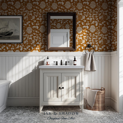 Floral Ochre European Inspired Wallpaper | Refined Old World Elegance Mustard Yellow Peel and Stick Home Decor French Chateau Aesthetic