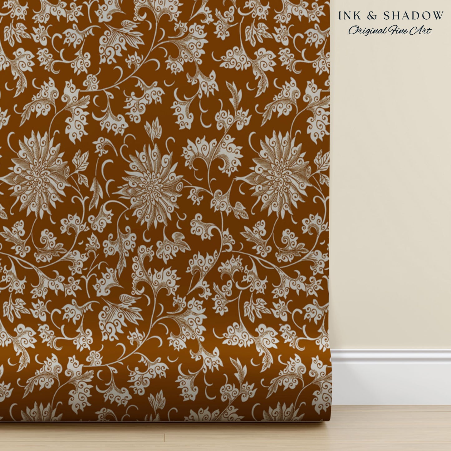 Floral Ochre European Inspired Wallpaper | Refined Old World Elegance Mustard Yellow Peel and Stick Home Decor French Chateau Aesthetic