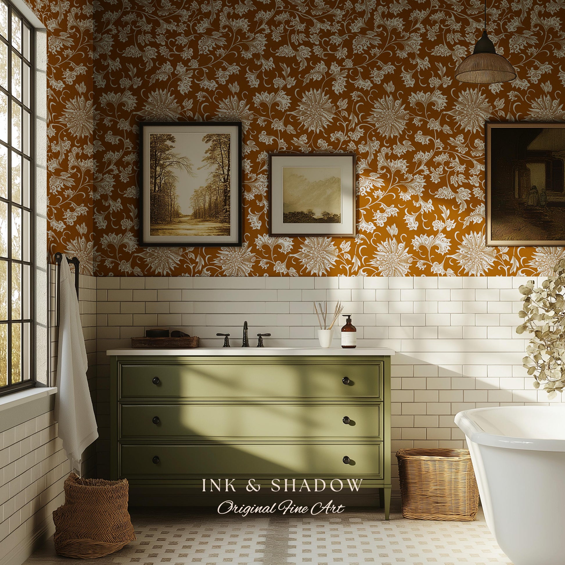 Floral Ochre European Inspired Wallpaper | Refined Old World Elegance Mustard Yellow Peel and Stick Home Decor French Chateau Aesthetic