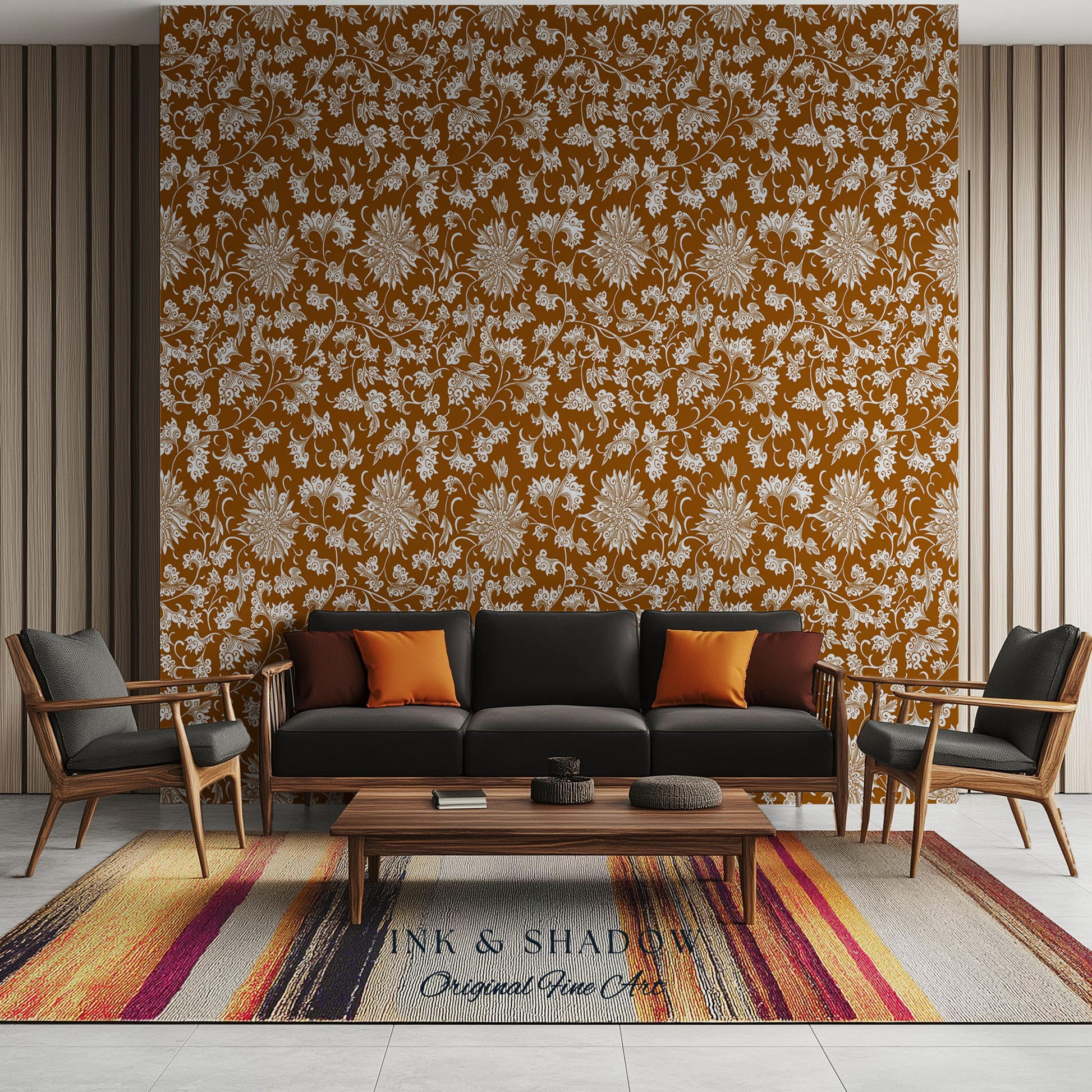 Floral Ochre European Inspired Wallpaper | Refined Old World Elegance Mustard Yellow Peel and Stick Home Decor French Chateau Aesthetic