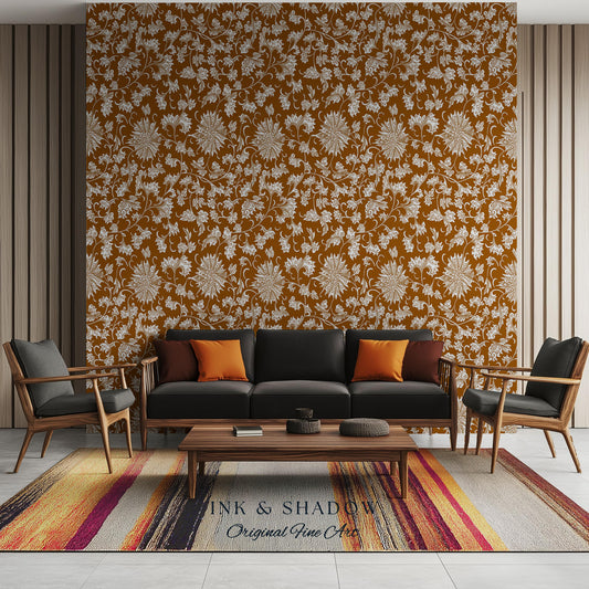Floral Ochre European Inspired Wallpaper | Refined Old World Elegance Mustard Yellow Peel and Stick Home Decor French Chateau Aesthetic