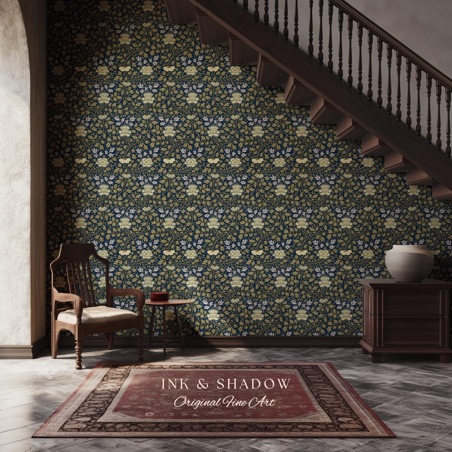 Old World Scrolling Vines Wallpaper | Historic Inspired European Wall Art Peel and Stick Victorian Aesthetic Maximalist Living Room
