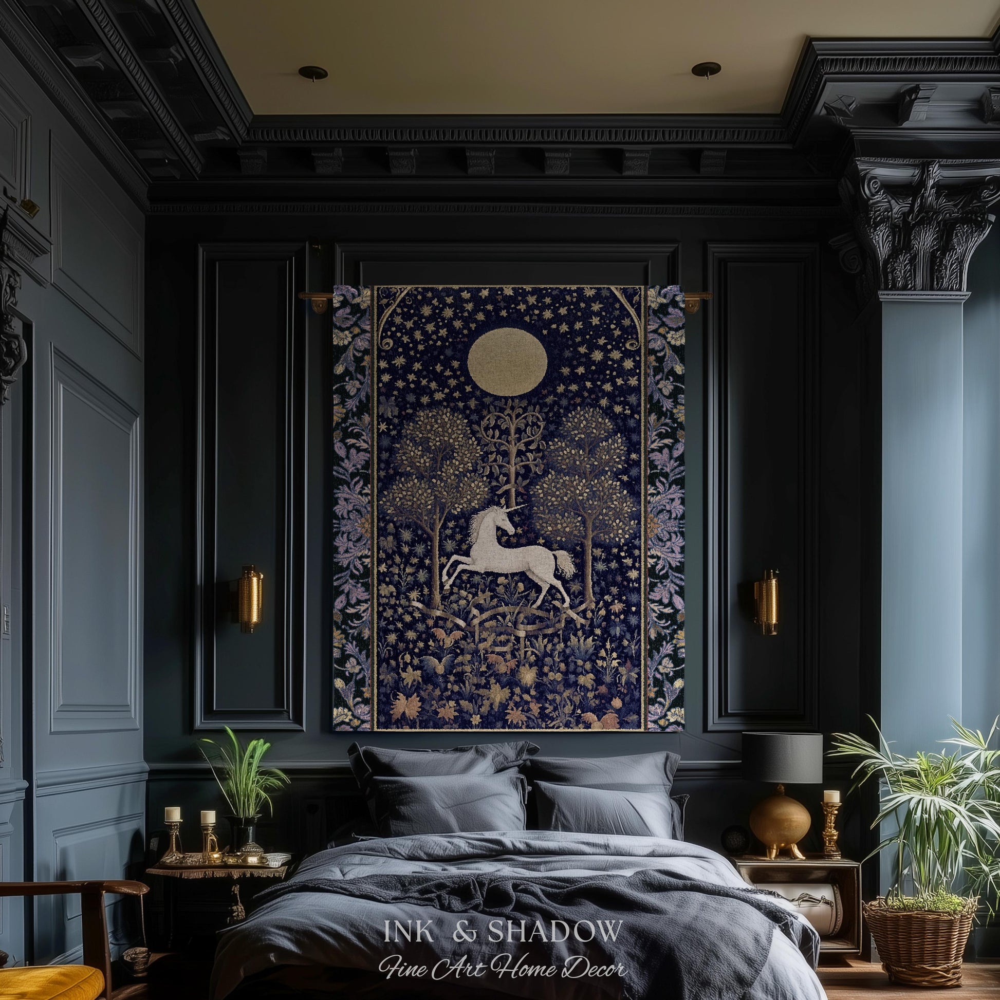 Medieval Fairytale Unicorn Tapestry | Gothic Whimsical Eclectic Fairycore Woven Blanket Victorian Gothic Dark Floral Decor French Baroque |