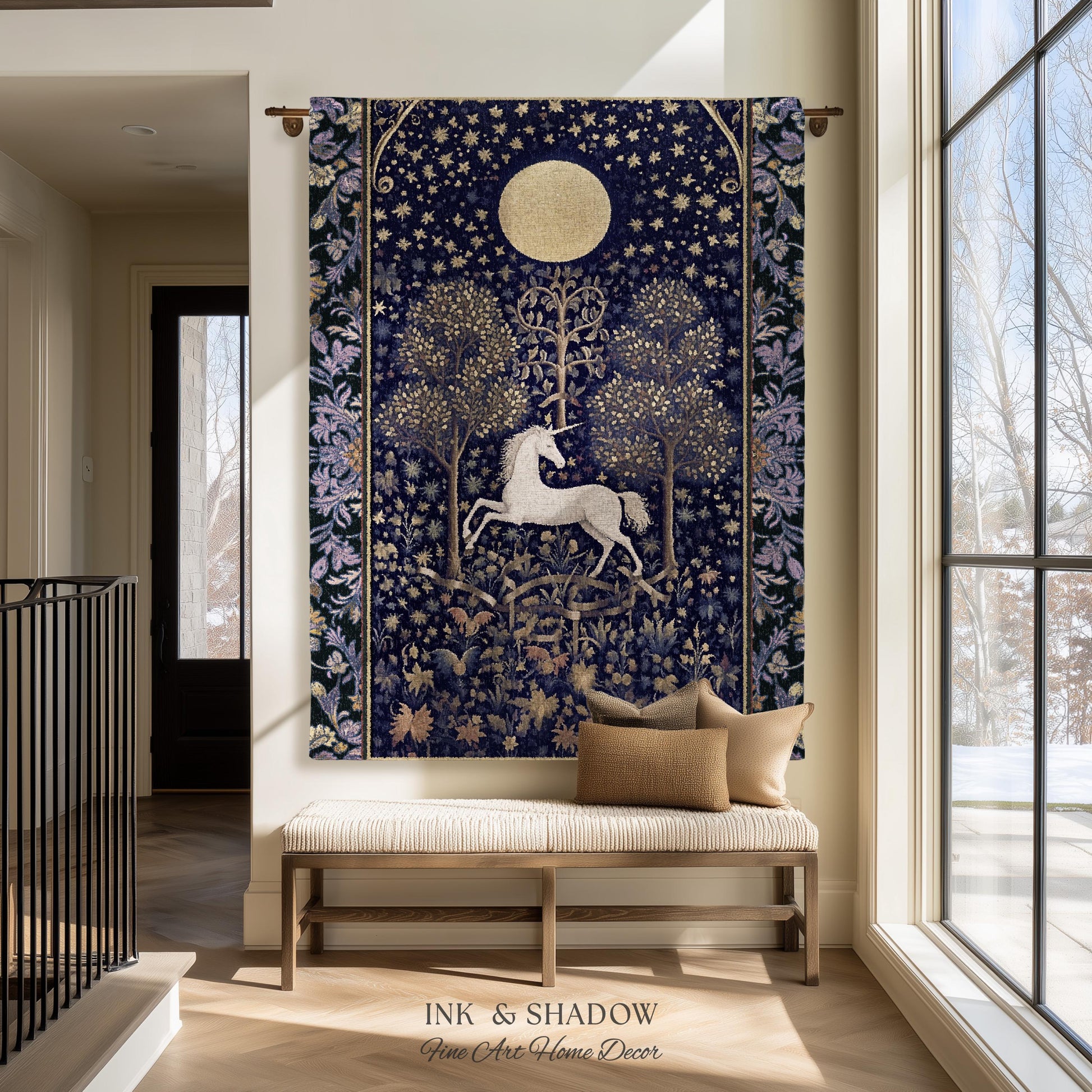 Medieval Fairytale Unicorn Tapestry | Gothic Whimsical Eclectic Fairycore Woven Blanket Victorian Gothic Dark Floral Decor French Baroque |