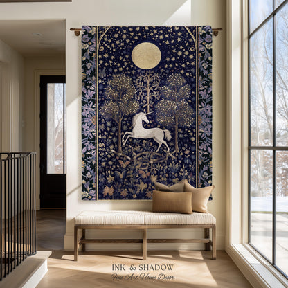 Medieval Fairytale Unicorn Tapestry | Gothic Whimsical Eclectic Fairycore Woven Blanket Victorian Gothic Dark Floral Decor French Baroque |