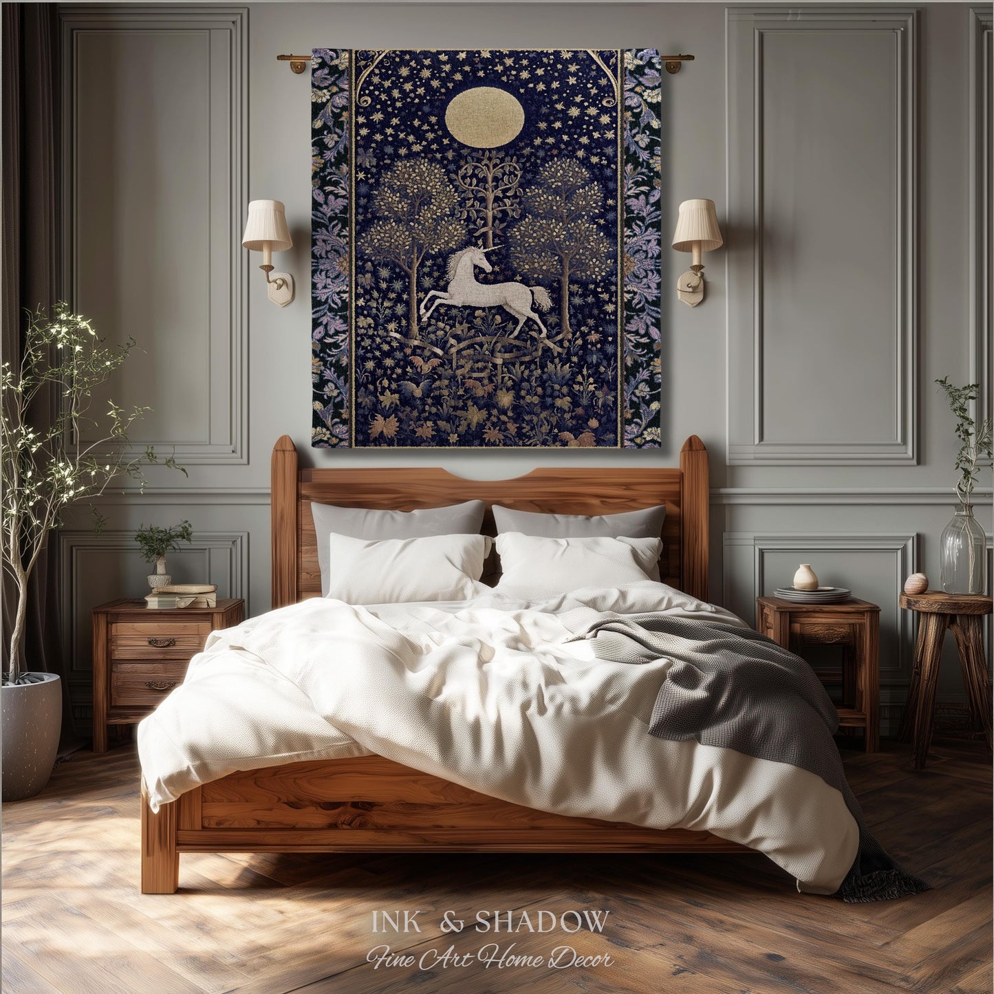 Medieval Fairytale Unicorn Tapestry | Gothic Whimsical Eclectic Fairycore Woven Blanket Victorian Gothic Dark Floral Decor French Baroque |