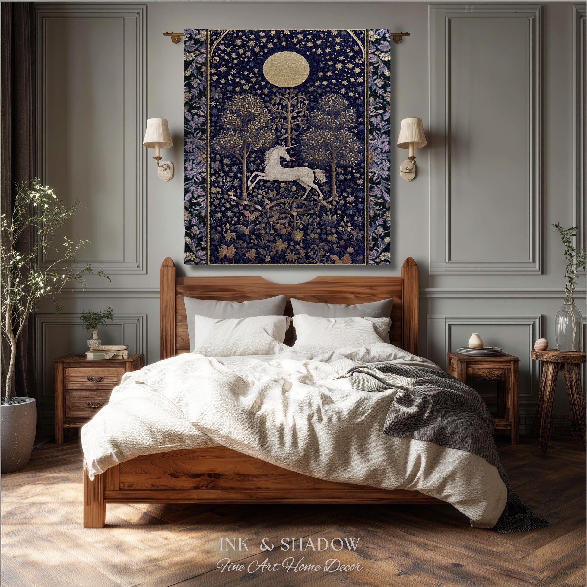 Medieval Fairytale Unicorn Tapestry | Gothic Whimsical Eclectic Fairycore Woven Blanket Victorian Gothic Dark Floral Decor French Baroque |