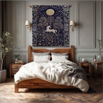Medieval Fairytale Unicorn Tapestry | Gothic Whimsical Eclectic Fairycore Woven Blanket Victorian Gothic Dark Floral Decor French Baroque |