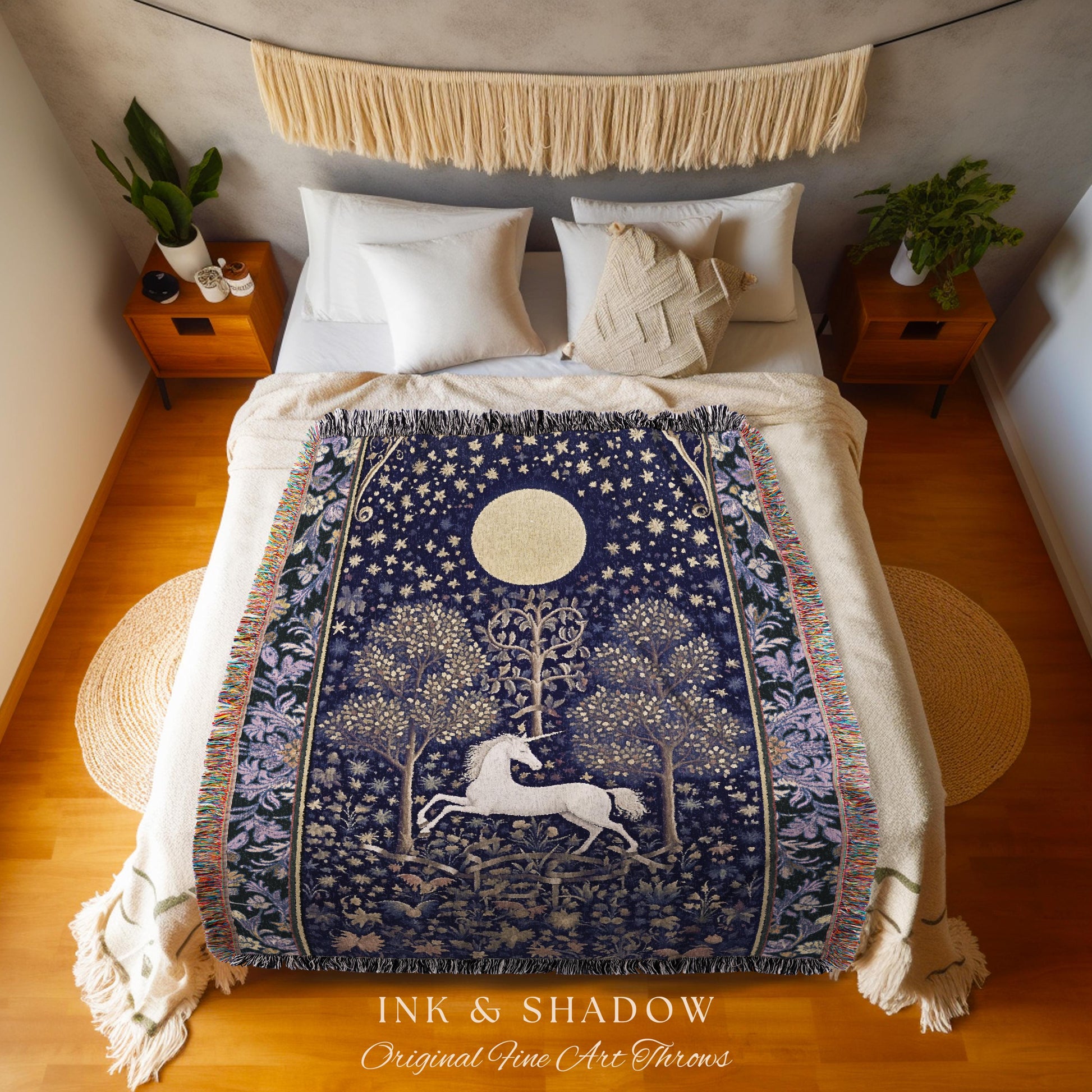 Medieval Fairytale Unicorn Tapestry | Gothic Whimsical Eclectic Fairycore Woven Blanket Victorian Gothic Dark Floral Decor French Baroque |
