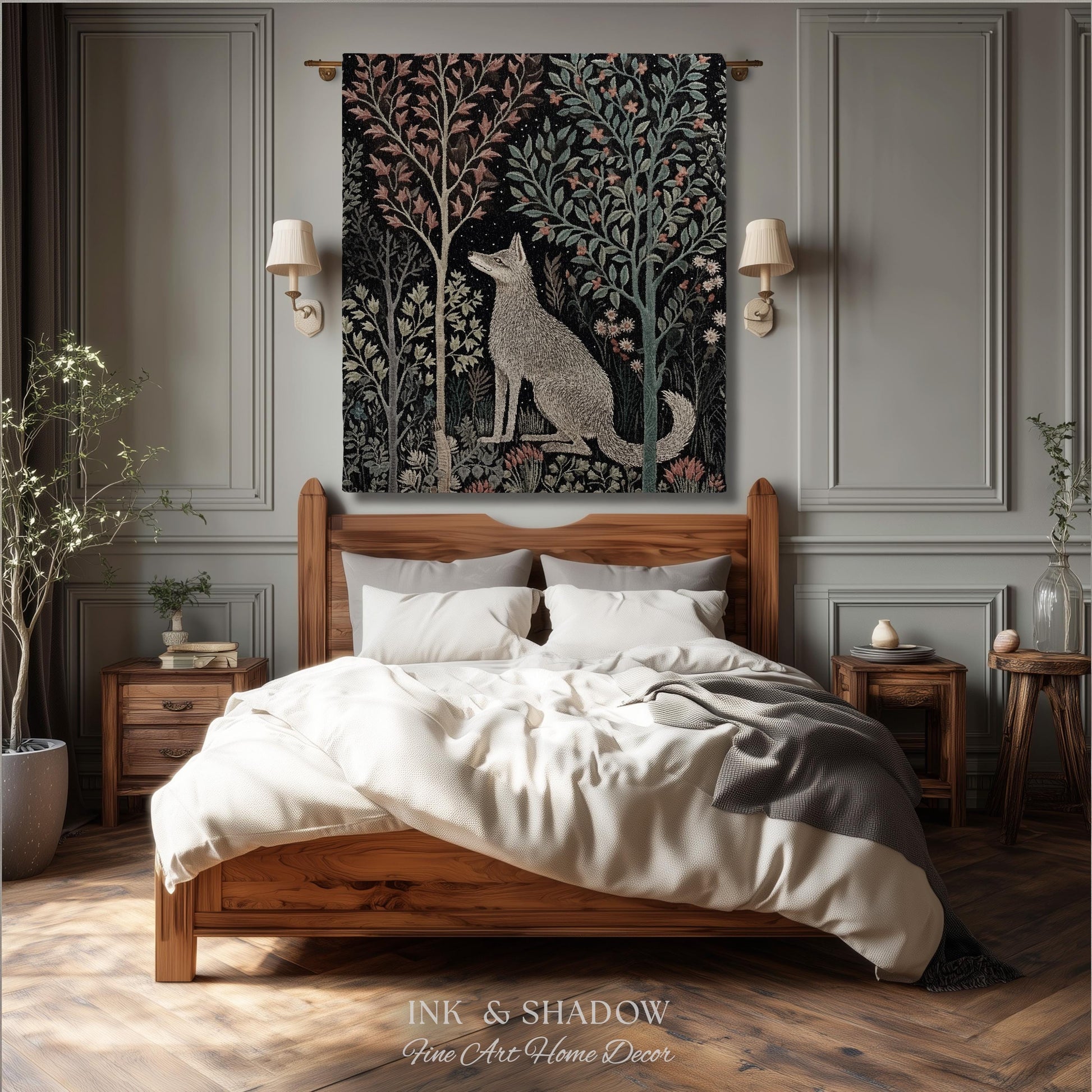 Scandinavian Wolf Blanket Woven Jacquard Cotton | Nordic Folk Art Tapestry Throw William Morris Style Woodland Gothic Dark Cottagecore Home