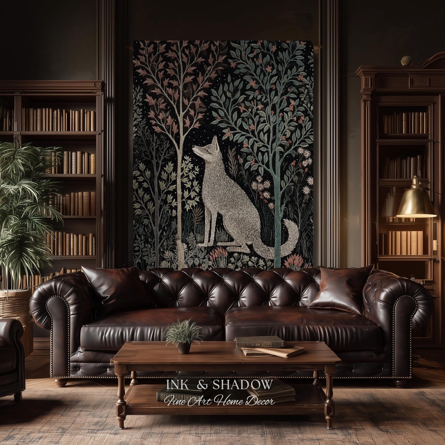 Scandinavian Wolf Blanket Woven Jacquard Cotton | Nordic Folk Art Tapestry Throw William Morris Style Woodland Gothic Dark Cottagecore Home