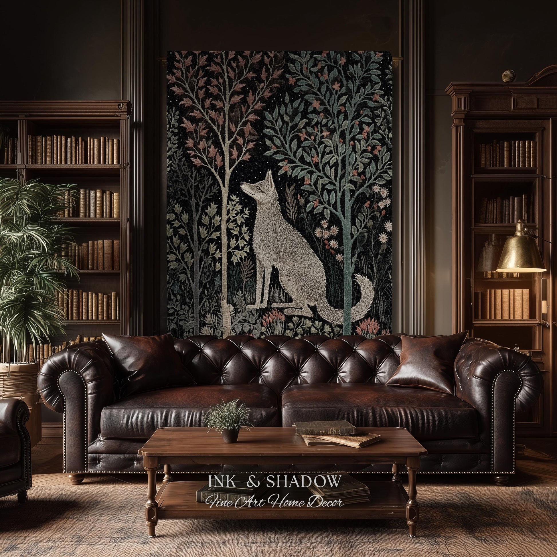 Scandinavian Wolf Blanket Woven Jacquard Cotton | Nordic Folk Art Tapestry Throw William Morris Style Woodland Gothic Dark Cottagecore Home