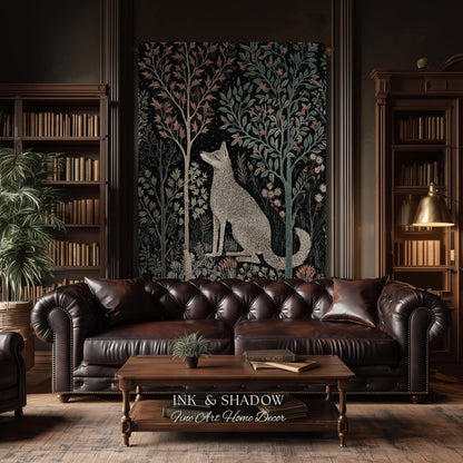 Scandinavian Wolf Blanket Woven Jacquard Cotton | Nordic Folk Art Tapestry Throw William Morris Style Woodland Gothic Dark Cottagecore Home