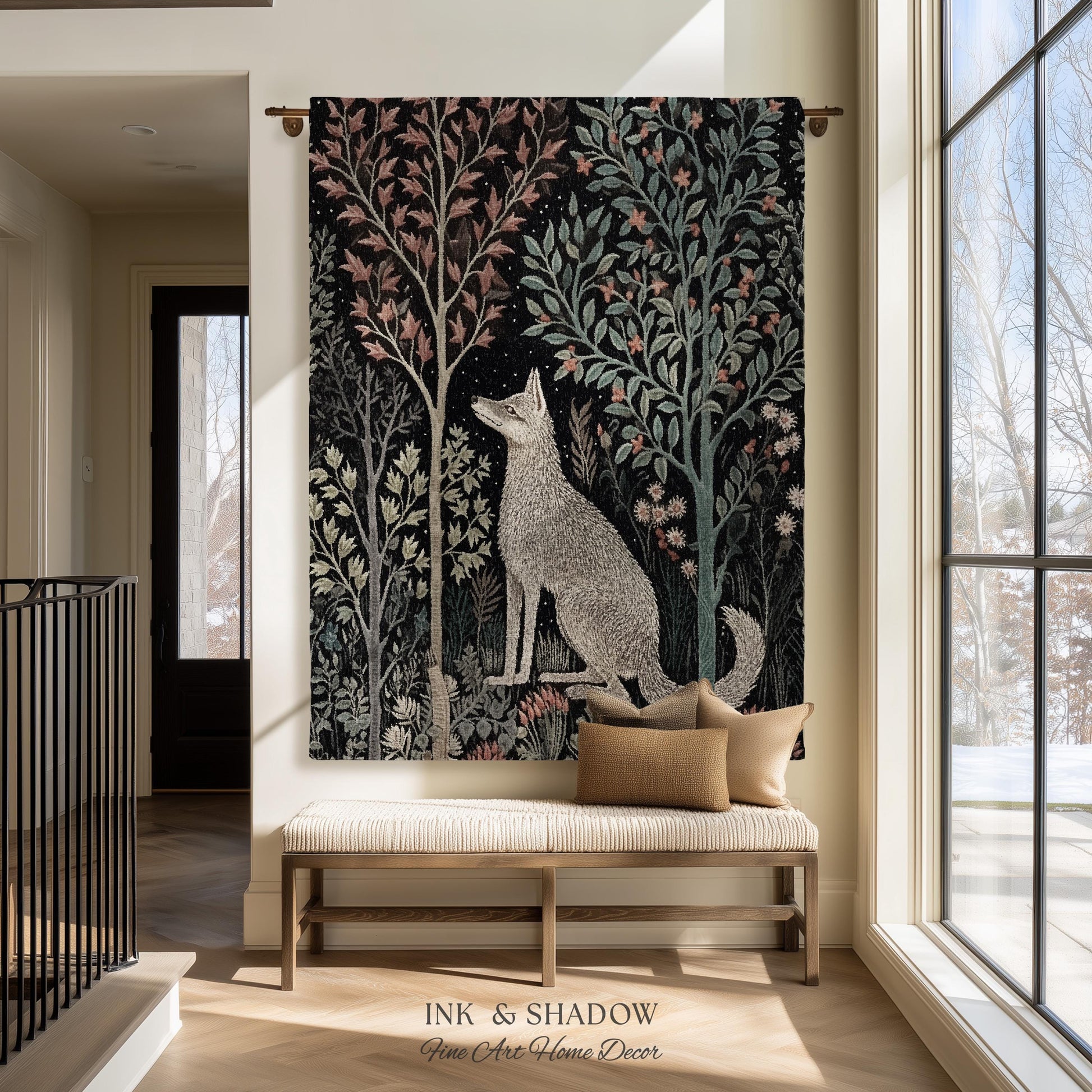 Scandinavian Wolf Blanket Woven Jacquard Cotton | Nordic Folk Art Tapestry Throw William Morris Style Woodland Gothic Dark Cottagecore Home