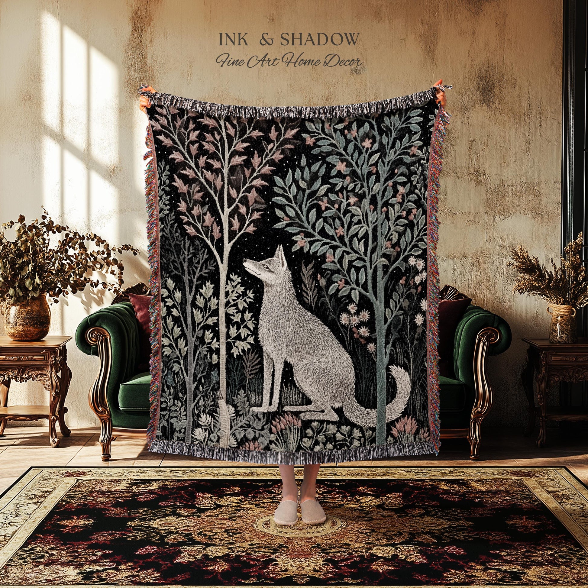 Scandinavian Wolf Blanket Woven Jacquard Cotton | Nordic Folk Art Tapestry Throw William Morris Style Woodland Gothic Dark Cottagecore Home