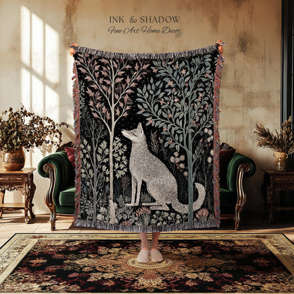 Scandinavian Wolf Blanket Woven Jacquard Cotton | Nordic Folk Art Tapestry Throw William Morris Style Woodland Gothic Dark Cottagecore Home