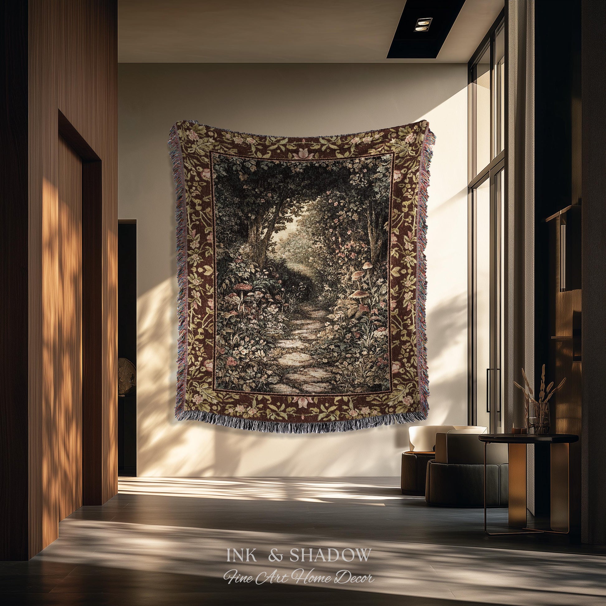 Fairy Ethereal Forest Tapestry Blanket Mystic Dark Academia Folklore Inspired, Magical Medieval Forestcore Botanical Woodland Woven Throw