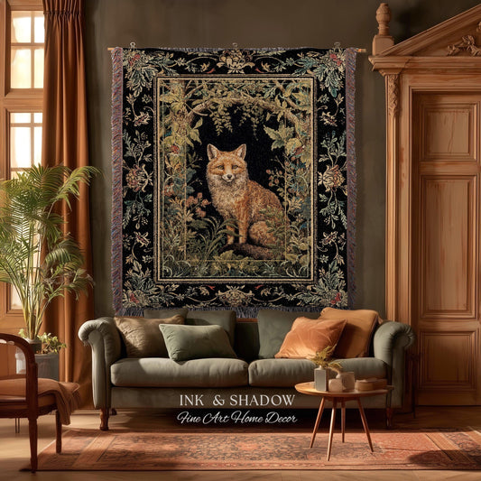 Mystic Woodland Fox Throw Blanket Woven Cotton | Floral Woodland Cottagecore Morris Aesthetic Enchanted Forest Jacquard Tapestry Wall Art