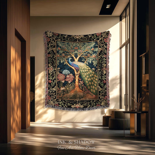 Cottagecore Peacock Throw Blanket Woven Jacquard Cotton | Royalcore Floral Bird Tapestry Morris Inspired Woodland Botanical Wall Art