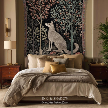 Scandinavian Wolf Blanket Woven Jacquard Cotton | Nordic Folk Art Tapestry Throw William Morris Style Woodland Gothic Dark Cottagecore Home