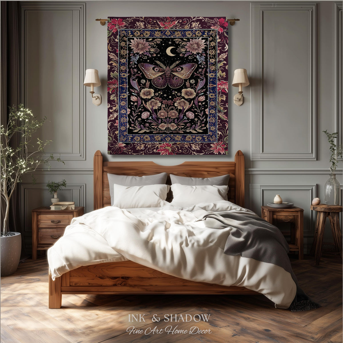 Mystic Moth Moon Woven Throw Blanket Whimsigothic Purple Dark Cottgecore Decor | Whimsical Boho Butterfly Dark Floral Fairycore Tapestry
