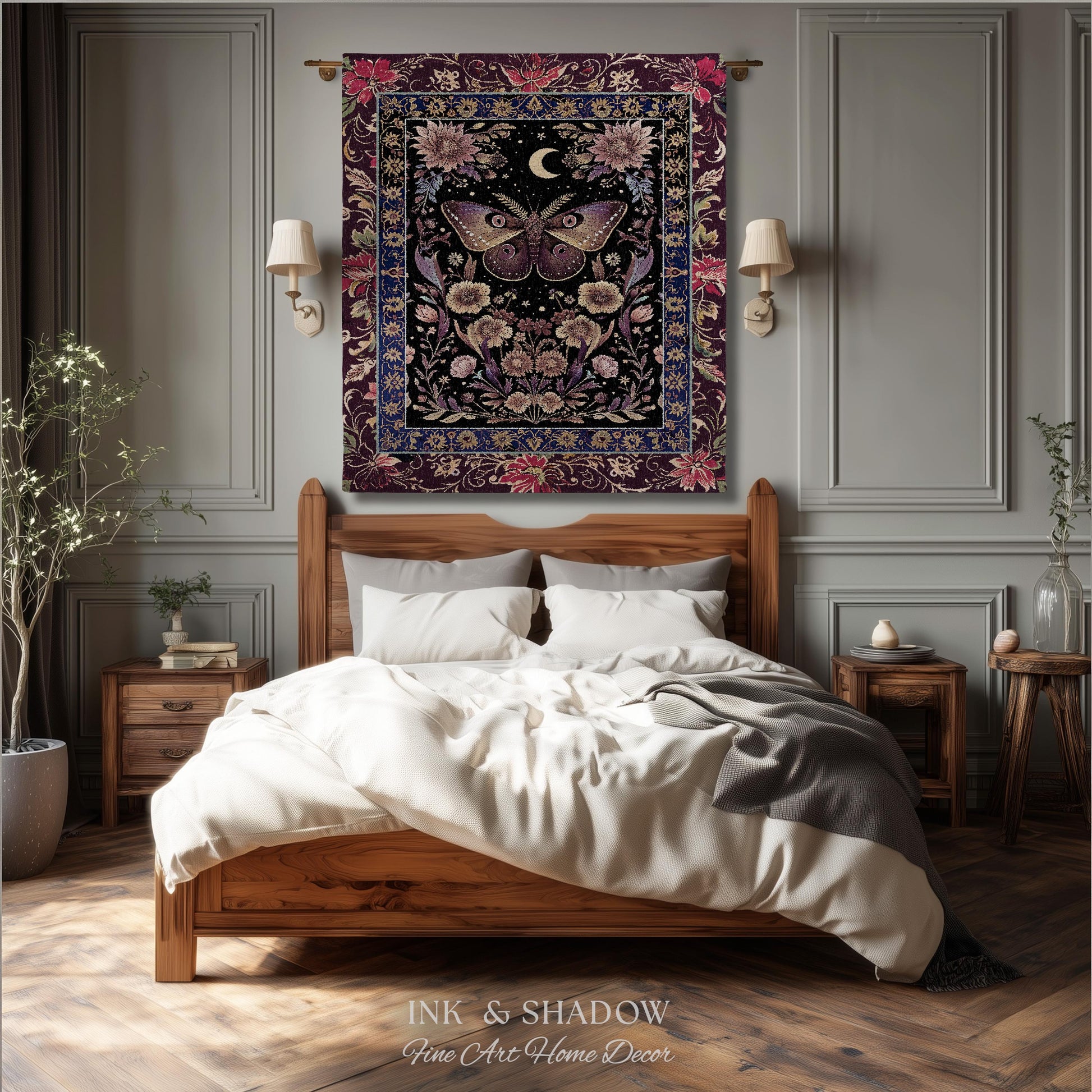 Mystic Moth Moon Woven Throw Blanket Whimsigothic Purple Dark Cottgecore Decor | Whimsical Boho Butterfly Dark Floral Fairycore Tapestry