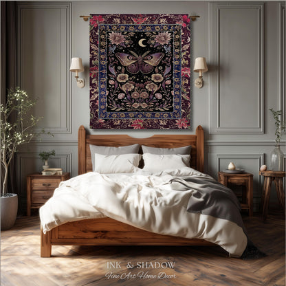Mystic Moth Moon Woven Throw Blanket Whimsigothic Purple Dark Cottgecore Decor | Whimsical Boho Butterfly Dark Floral Fairycore Tapestry