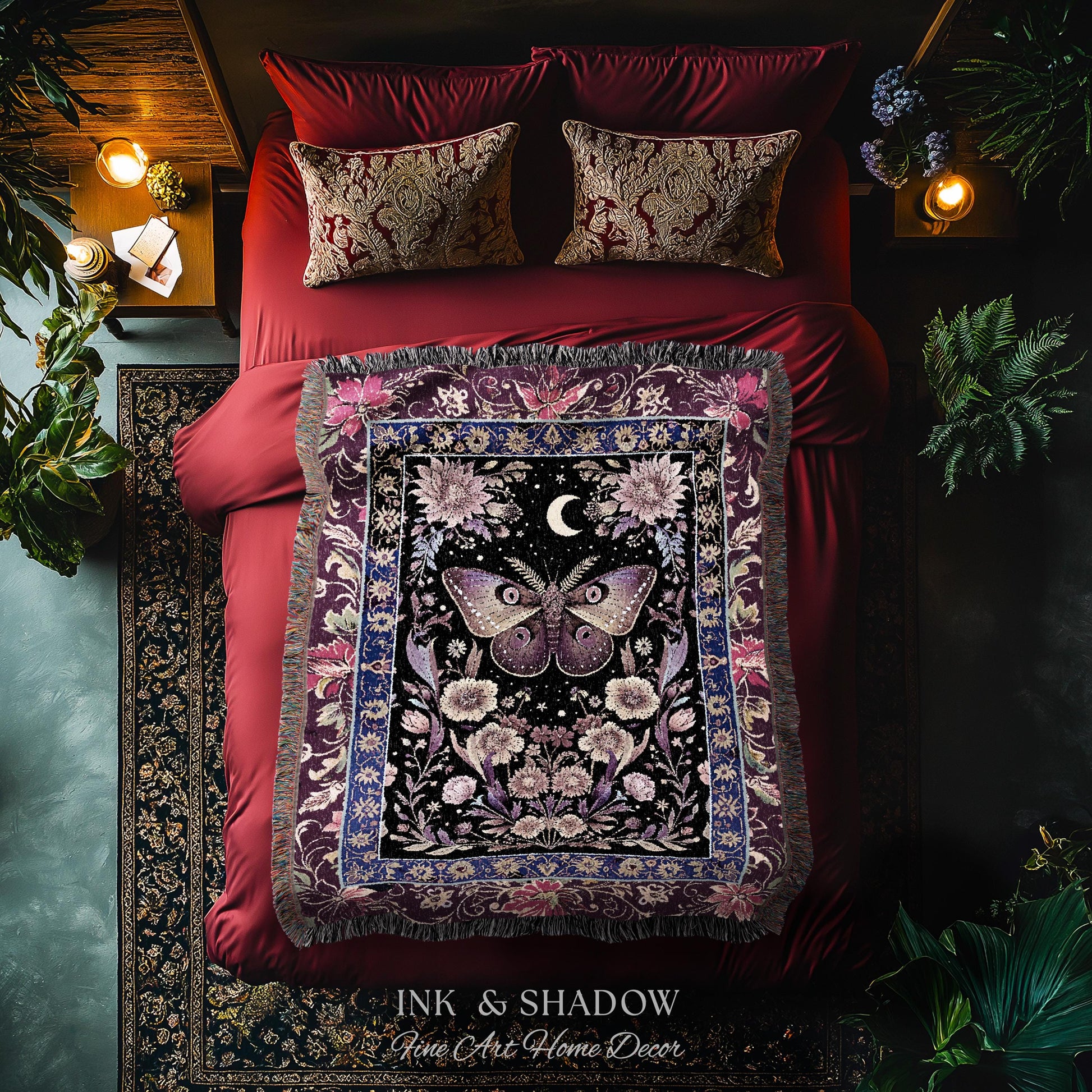 Mystic Moth Moon Woven Throw Blanket Whimsigothic Purple Dark Cottgecore Decor | Whimsical Boho Butterfly Dark Floral Fairycore Tapestry