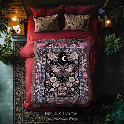 Mystic Moth Moon Woven Throw Blanket Whimsigothic Purple Dark Cottgecore Decor | Whimsical Boho Butterfly Dark Floral Fairycore Tapestry