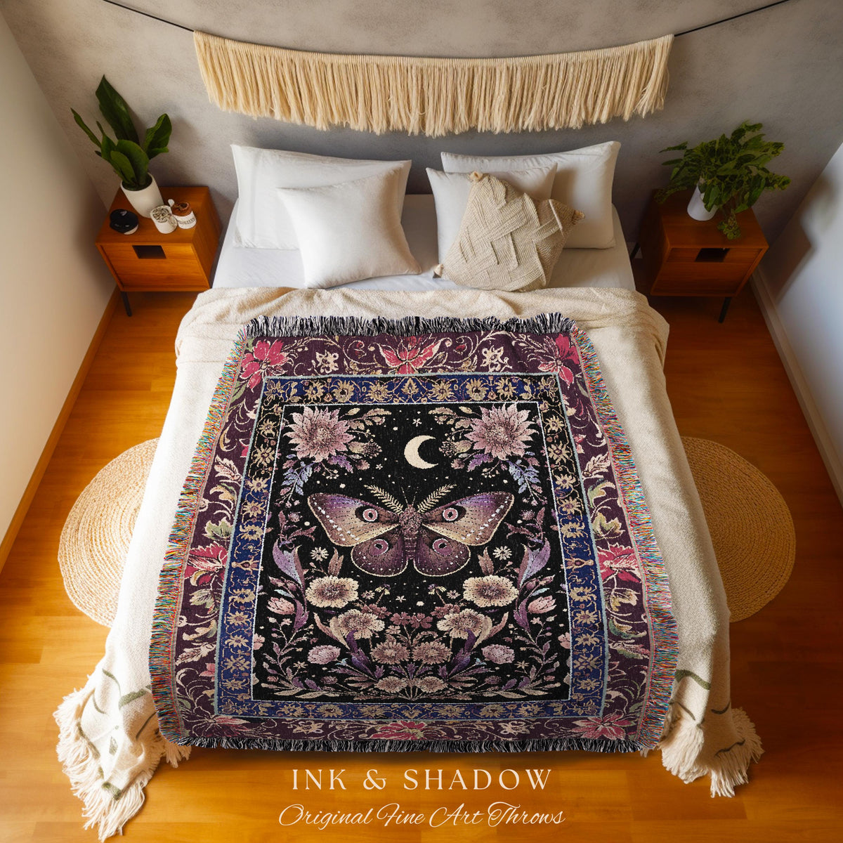 Mystic Moth Moon Woven Throw Blanket Whimsigothic Purple Dark Cottgecore Decor | Whimsical Boho Butterfly Dark Floral Fairycore Tapestry