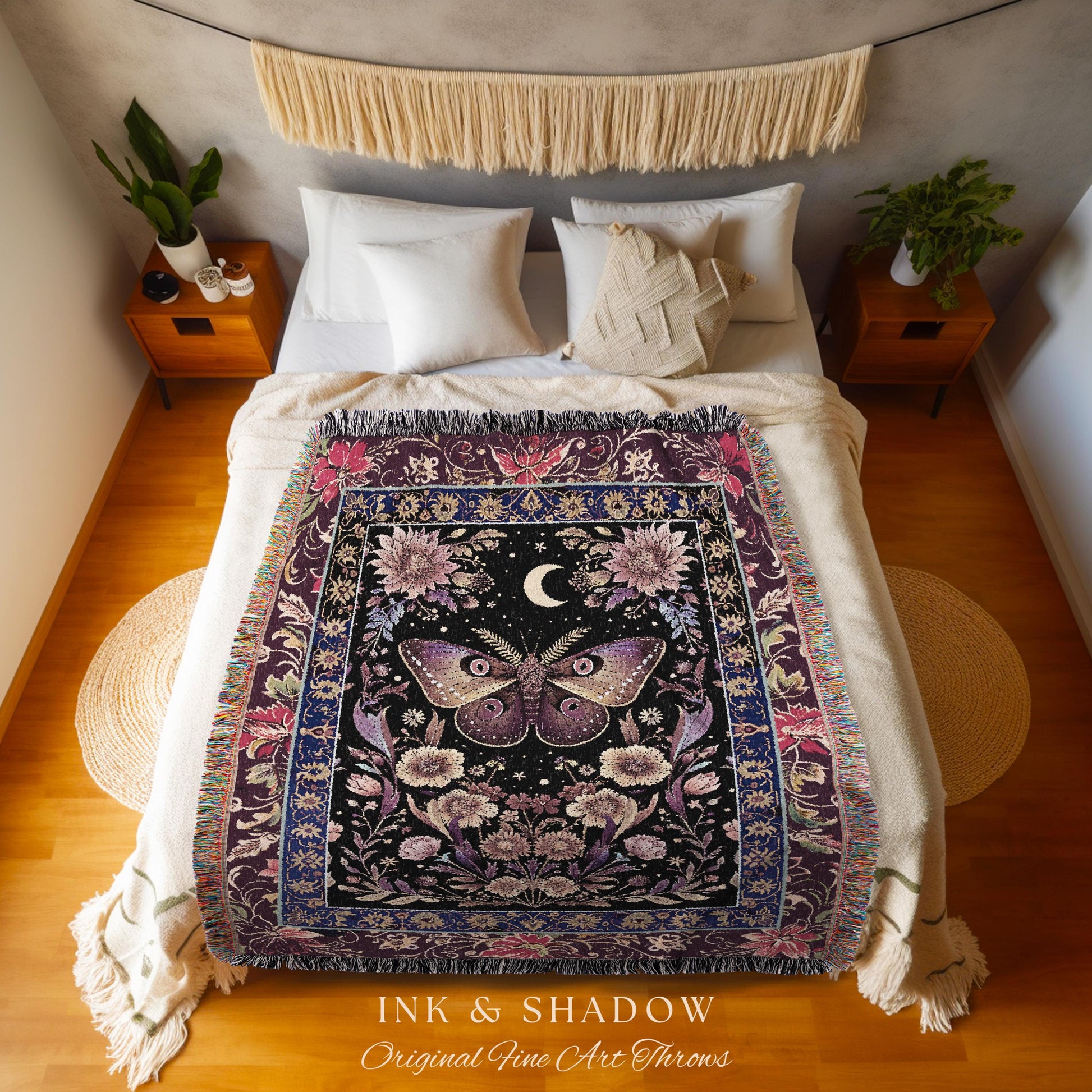 Mystic Moth Moon Woven Throw Blanket Whimsigothic Purple Dark Cottgecore Decor | Whimsical Boho Butterfly Dark Floral Fairycore Tapestry