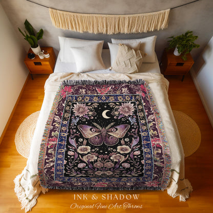 Mystic Moth Moon Woven Throw Blanket Whimsigothic Purple Dark Cottgecore Decor | Whimsical Boho Butterfly Dark Floral Fairycore Tapestry