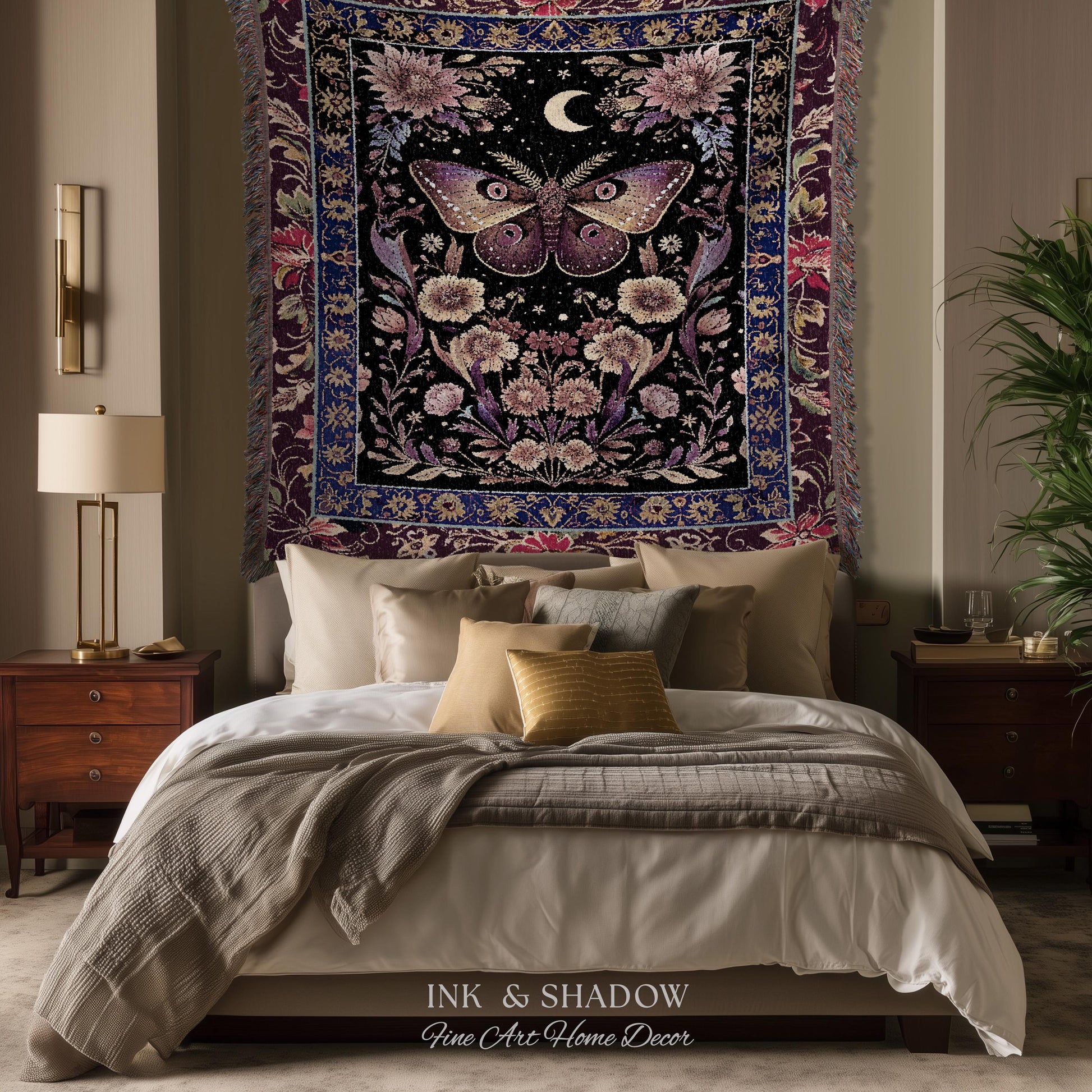 Mystic Moth Moon Woven Throw Blanket Whimsigothic Purple Dark Cottgecore Decor | Whimsical Boho Butterfly Dark Floral Fairycore Tapestry