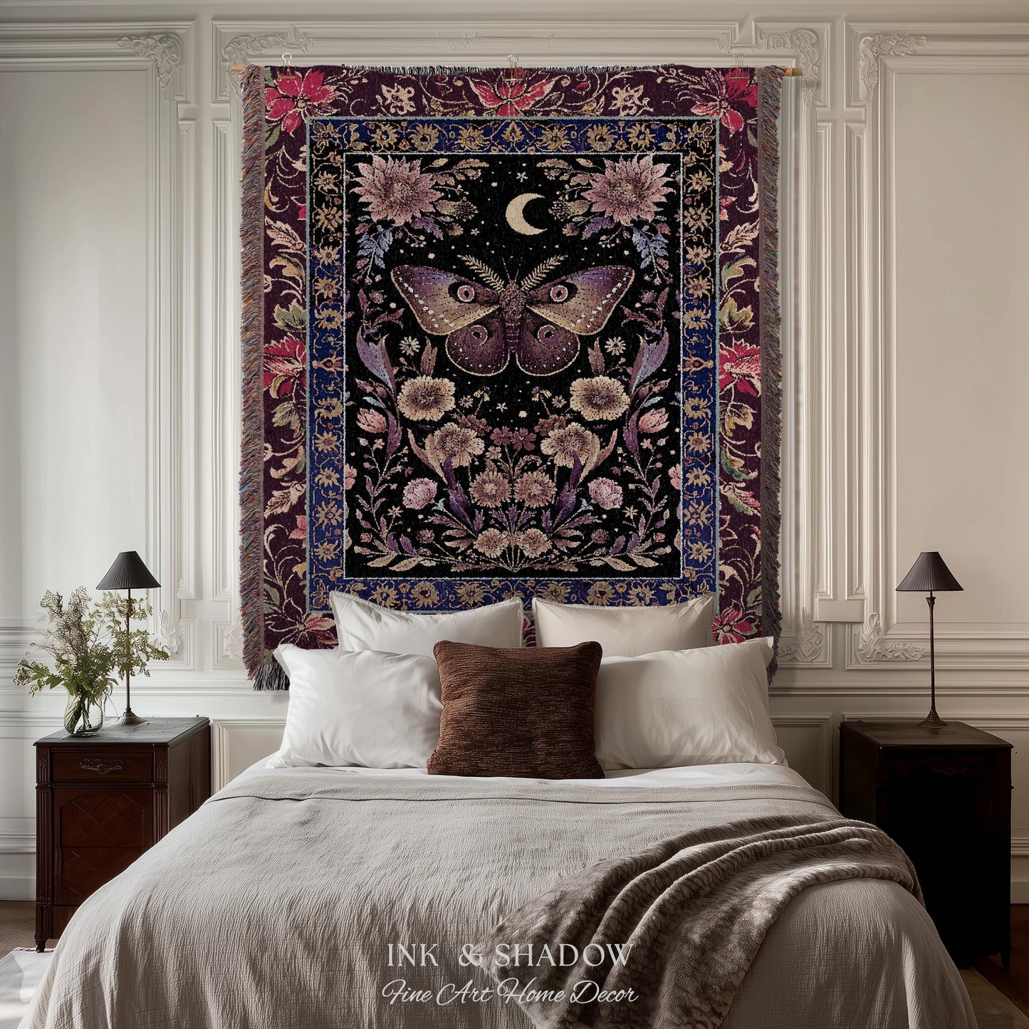 Mystic Moth Moon Woven Throw Blanket Whimsigothic Purple Dark Cottgecore Decor | Whimsical Boho Butterfly Dark Floral Fairycore Tapestry