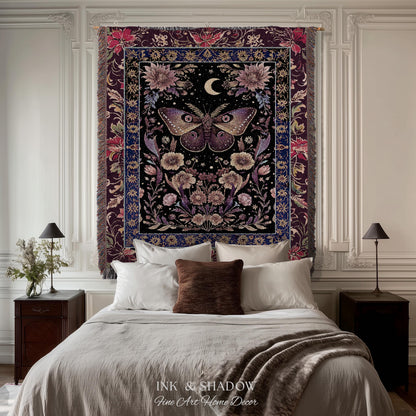 Mystic Moth Moon Woven Throw Blanket Whimsigothic Purple Dark Cottgecore Decor | Whimsical Boho Butterfly Dark Floral Fairycore Tapestry